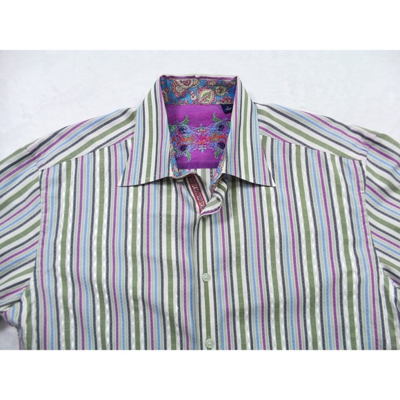 Robert Graham Shirt Mens Large Striped Long Sleeve Button Up Silk Trim Designer - Picture 3 of 14